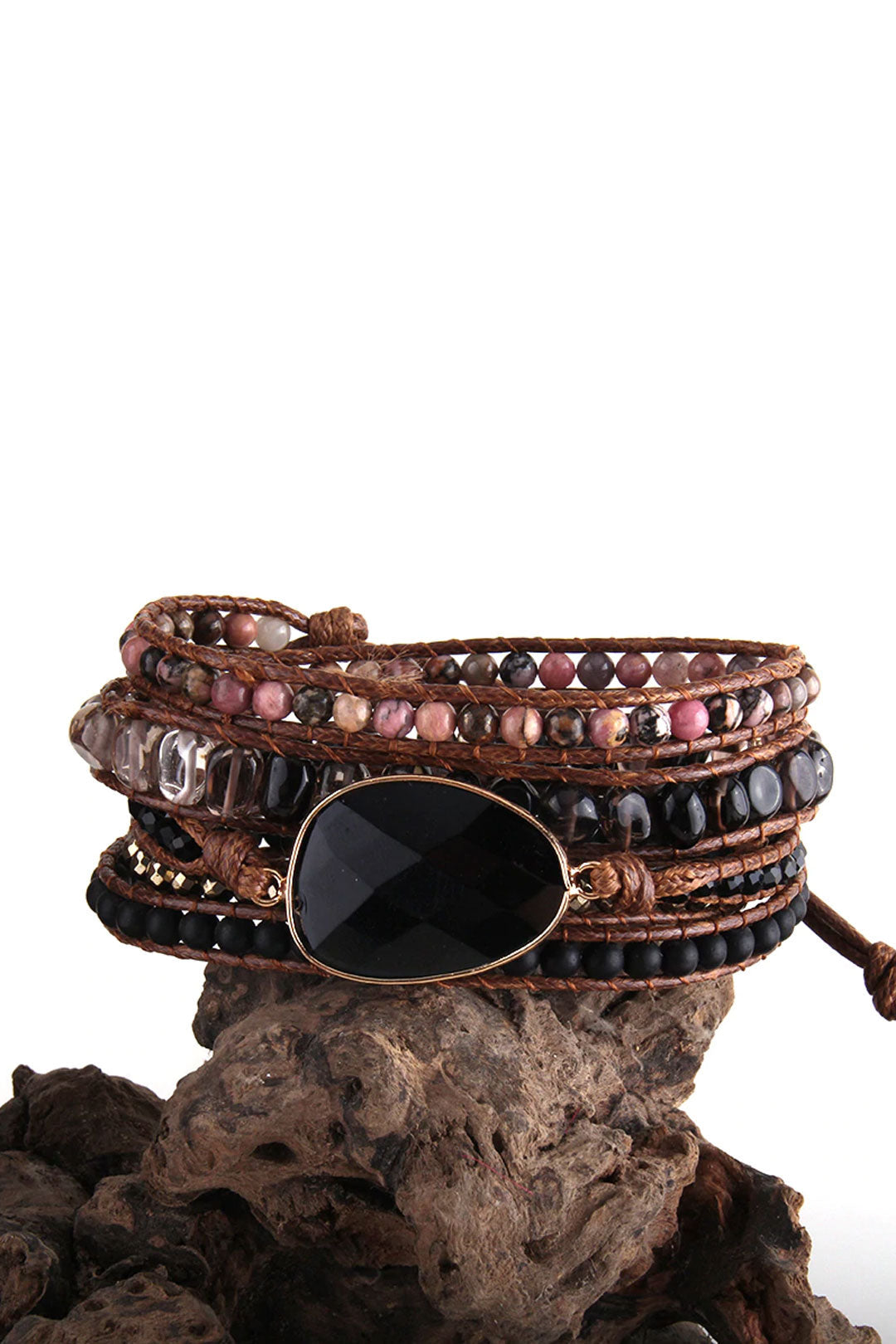 Boho Bracelet, RH 4 Layers Leather Wrap Bracelet, 4 mm Armbander Black Blue Natural Stones