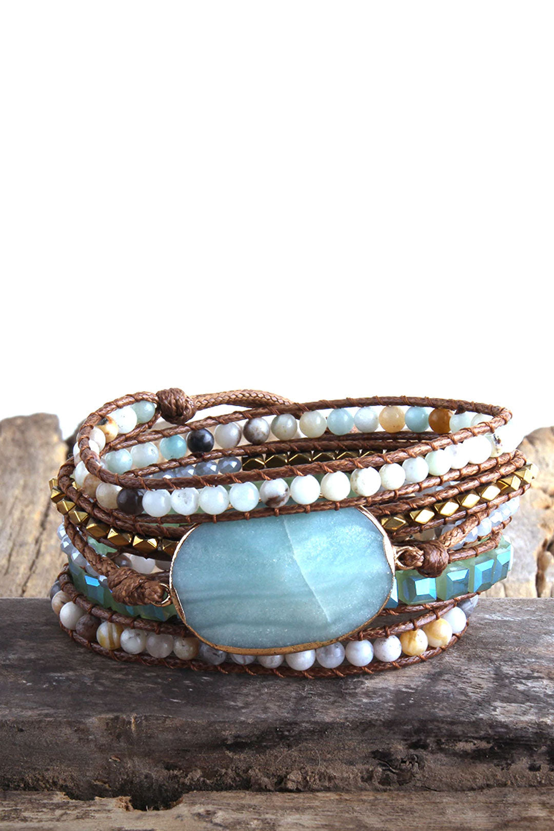Boho Bracelet, RH 5 Layers Leather Wrap Bracelet,  Mixed Natural Stones & Crystal Stone Blue and Purple