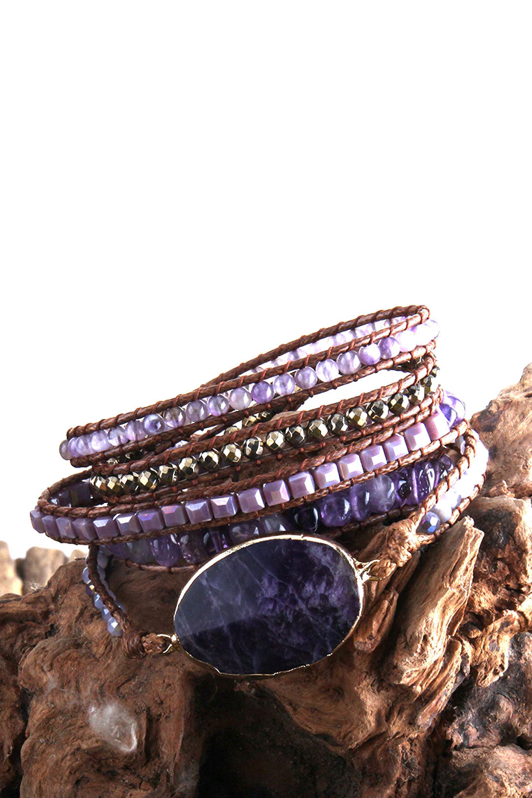 Boho Bracelet, RH 5 Layers Leather Wrap Bracelet,  Mixed Natural Stones & Crystal Stone Blue and Purple