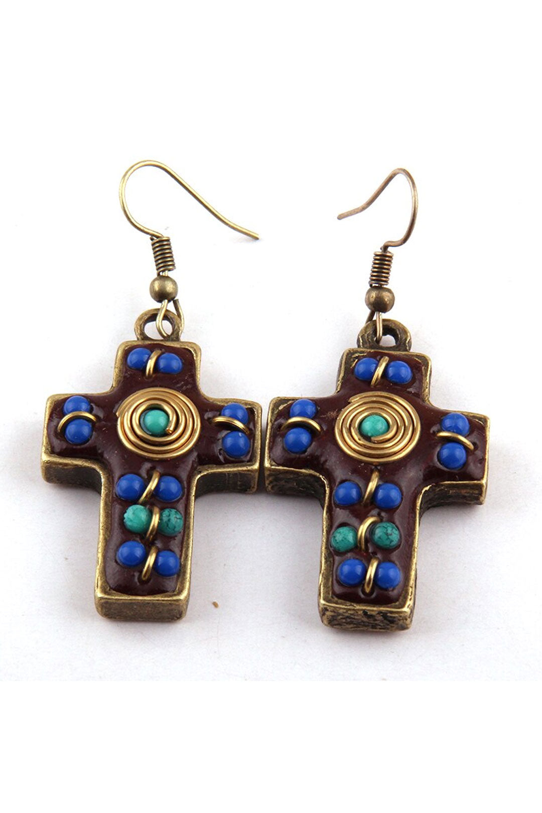 Boho Earrings, RH Dangle Earrings, Red & Blue Metal Cross