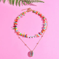 Boho Personalized Custom Necklace, Shell  2 Layered Choker, Love Lucky Happy Wish