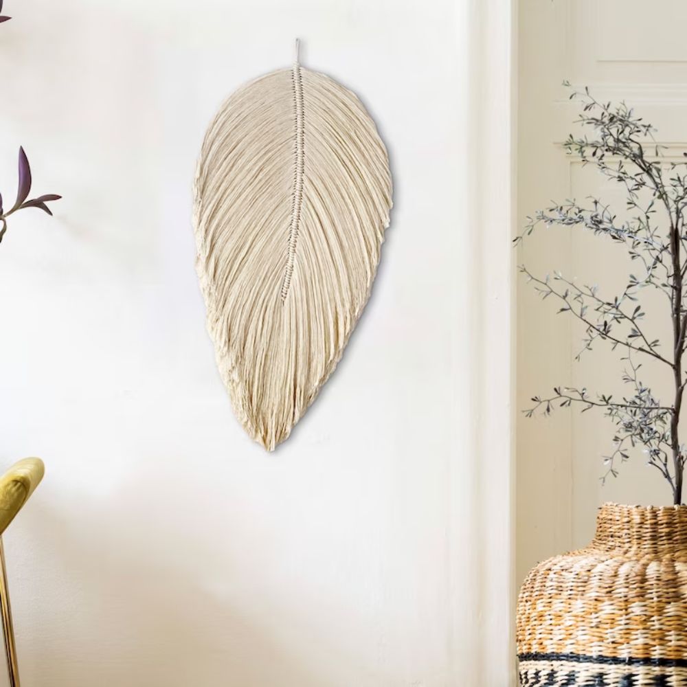 Boho Macrame Feather Wall Hanging - Handcrafted Big Leaf - Bohemian Home Decor