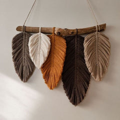 Boho Macrame Feather Wall Hanging - Handcrafted Big Leaf - Bohemian Home Decor