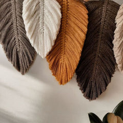 Boho Macrame Feather Wall Hanging - Handcrafted Big Leaf - Bohemian Home Decor