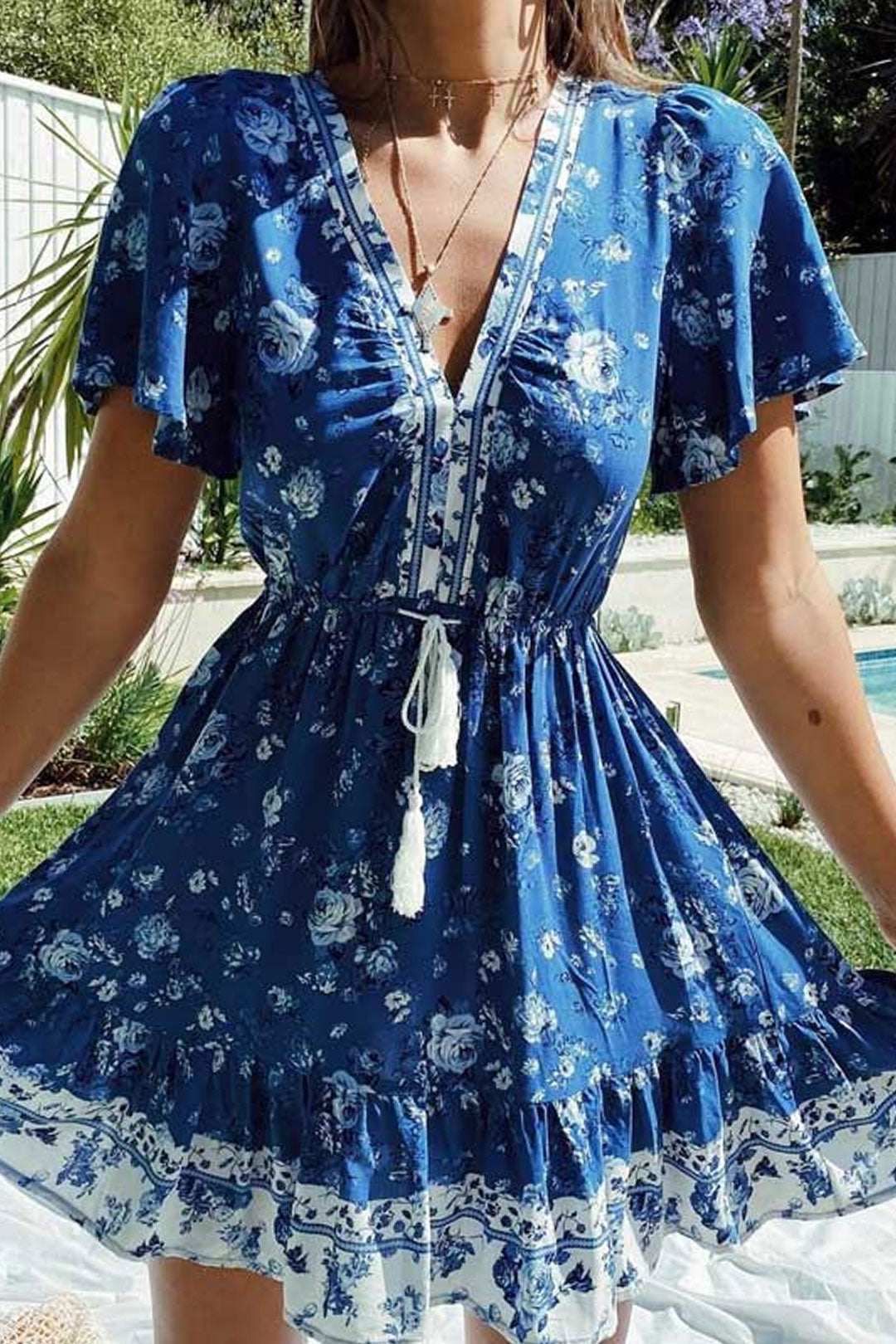 Boho Mini Dress Sundress, Vacation in Blue Sea