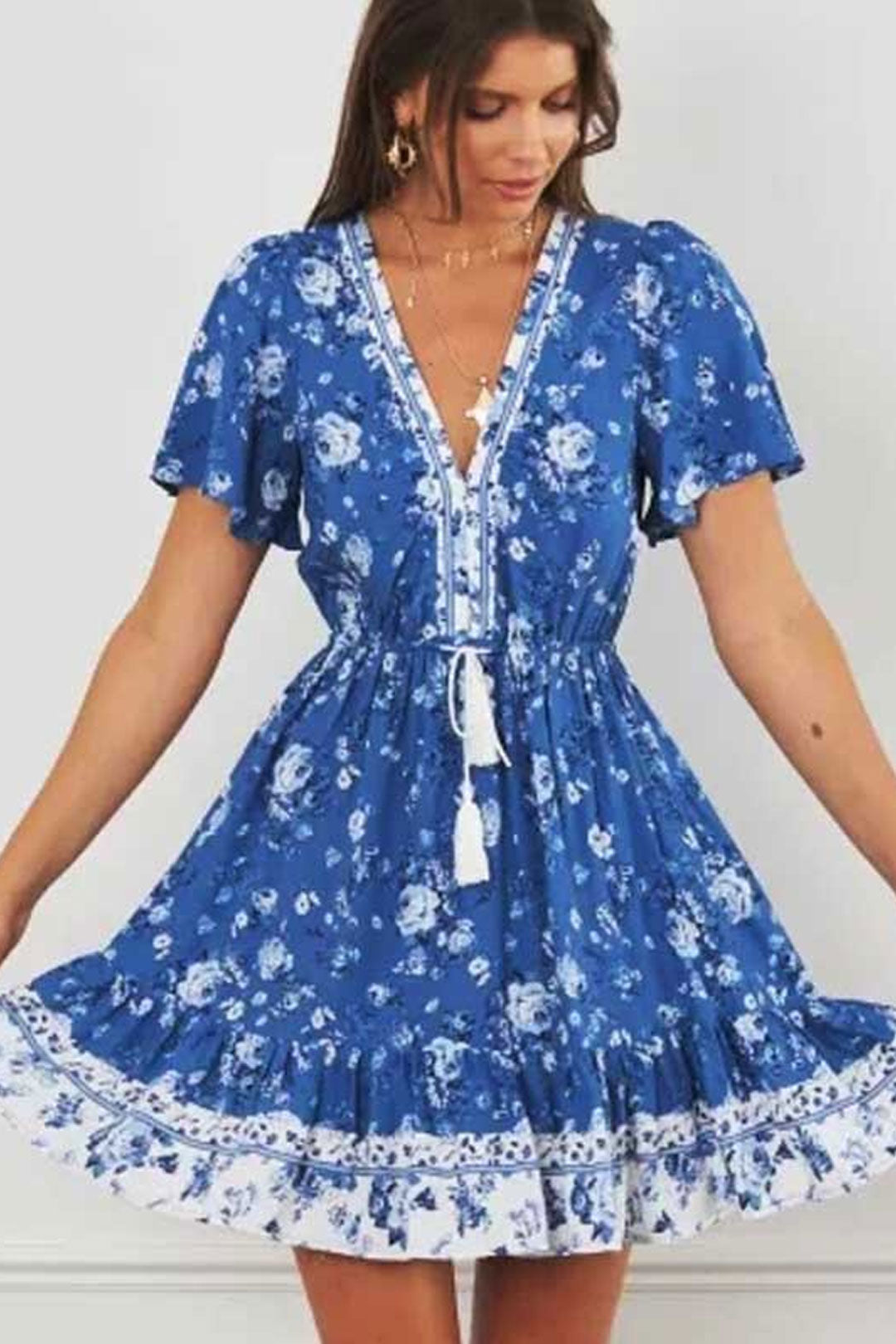 Boho Mini Dress Sundress, Vacation in Blue Sea