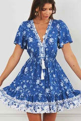 Boho Mini Dress Sundress, Vacation in Blue Sea
