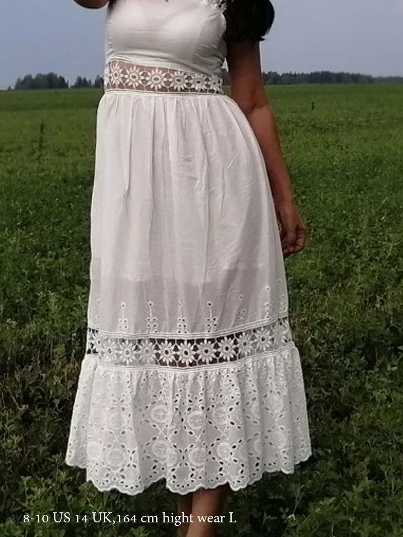 Boho Midi Dress, Strappy, Giselle in White Lace