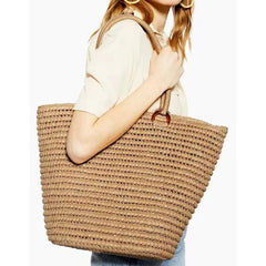 Boho Bag, Woven Straw Rope Tote Bag, Brown and Beige Patrin
