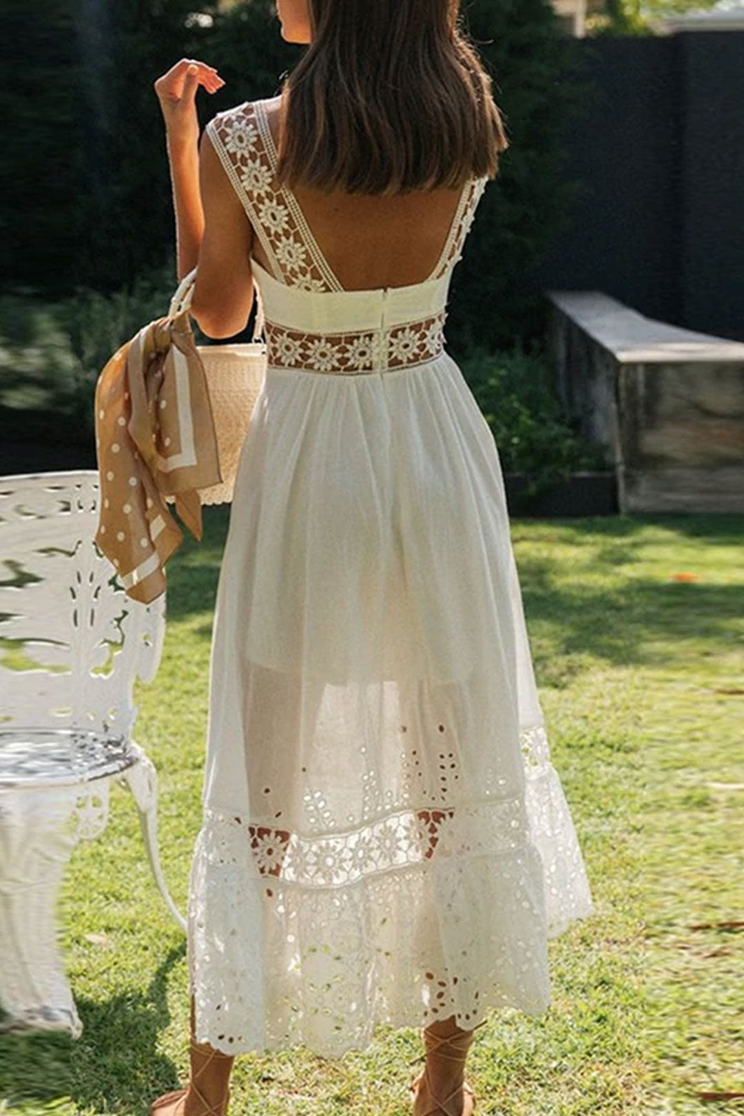 Boho Midi Dress, Strappy, Giselle in White Lace