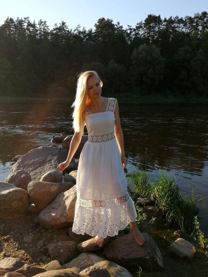 Boho Midi Dress, Strappy, Giselle in White Lace