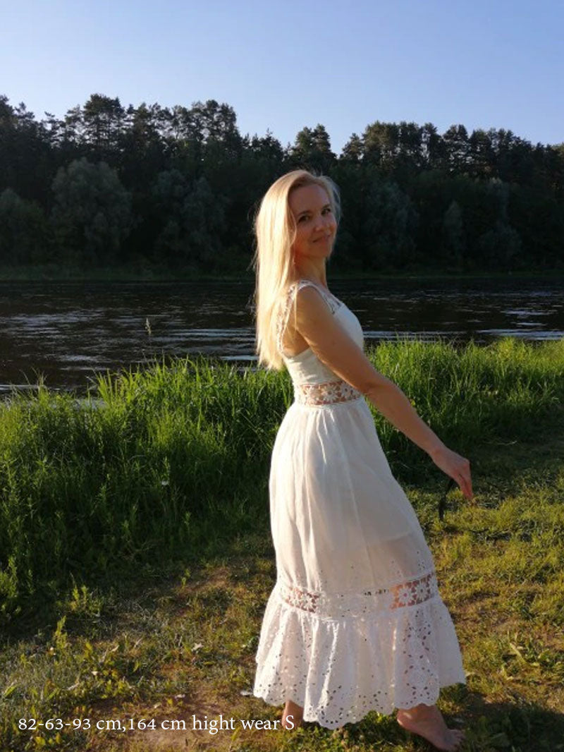 Boho Midi Dress, Strappy, Giselle in White Lace