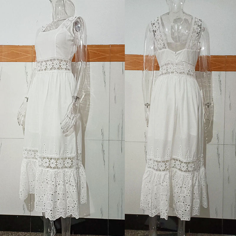 Boho Midi Dress, Strappy, Giselle in White Lace