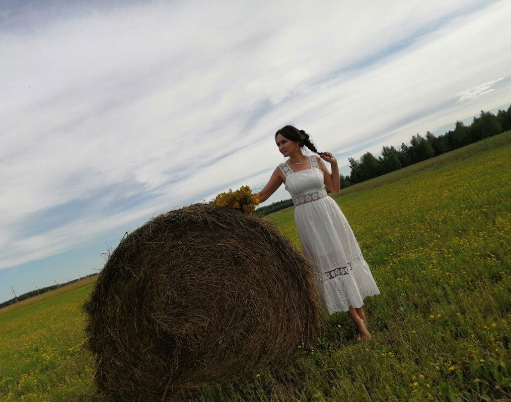 Boho Midi Dress, Strappy, Giselle in White Lace