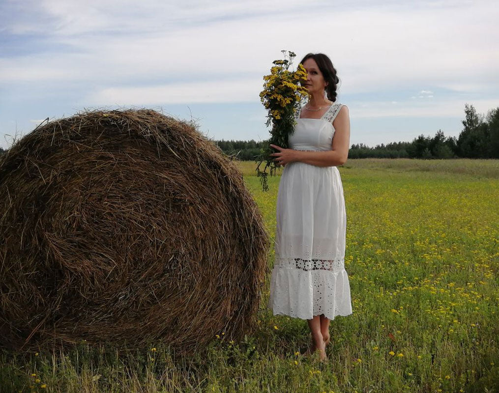 Boho Midi Dress, Strappy, Giselle in White Lace