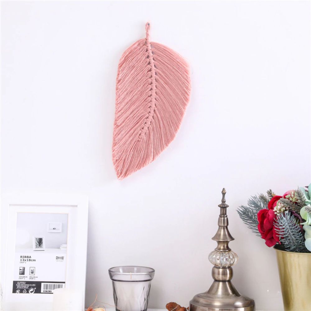 Boho Macrame Feather Wall Hanging - Handcrafted Big Leaf - Bohemian Home Decor