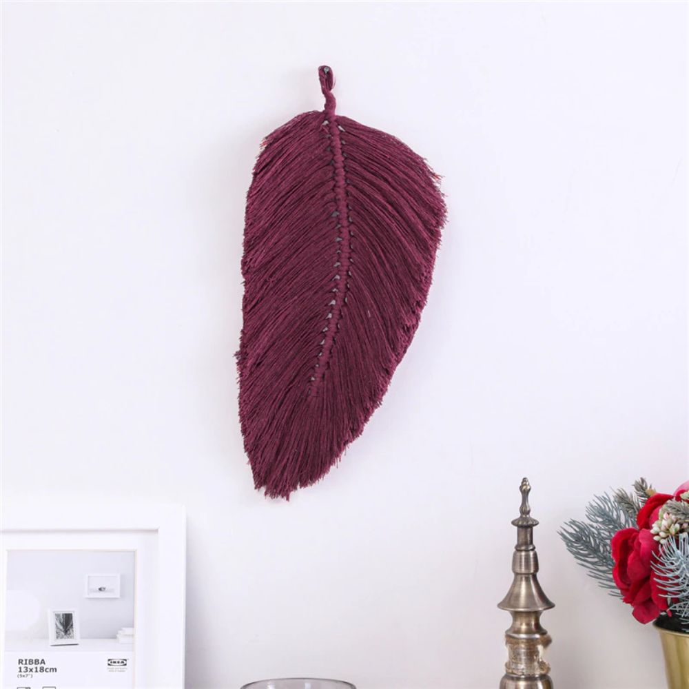 Boho Macrame Feather Wall Hanging - Handcrafted Big Leaf - Bohemian Home Decor