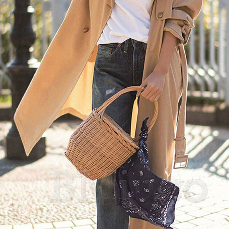 Boho Bag, Woven Straw Bag, Rattan Bag, Mini Wicker Basket Bag, Marry Brown and Beige