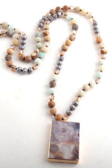 Boho Necklace, RH Rose Quart Amazonite, Square Pink Green Natural Stone