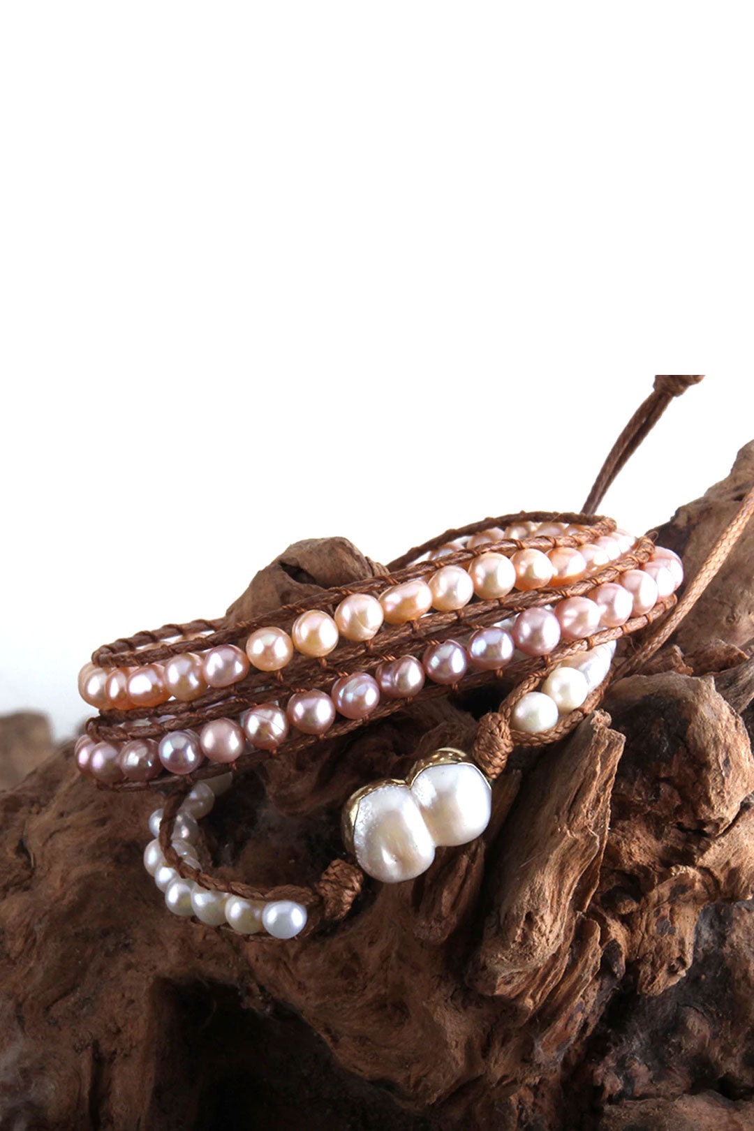 Boho Bracelet, RH 5 Layers Leather Wrap Bracelet, White Pink Natural Peal