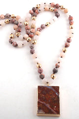 Boho Necklace, RH Rose Quart Amazonite, Square Pink Green Natural Stone