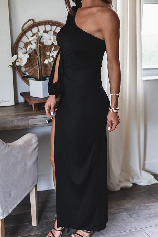 One Shoulder Long Sleeve Maxi Dress With Slit