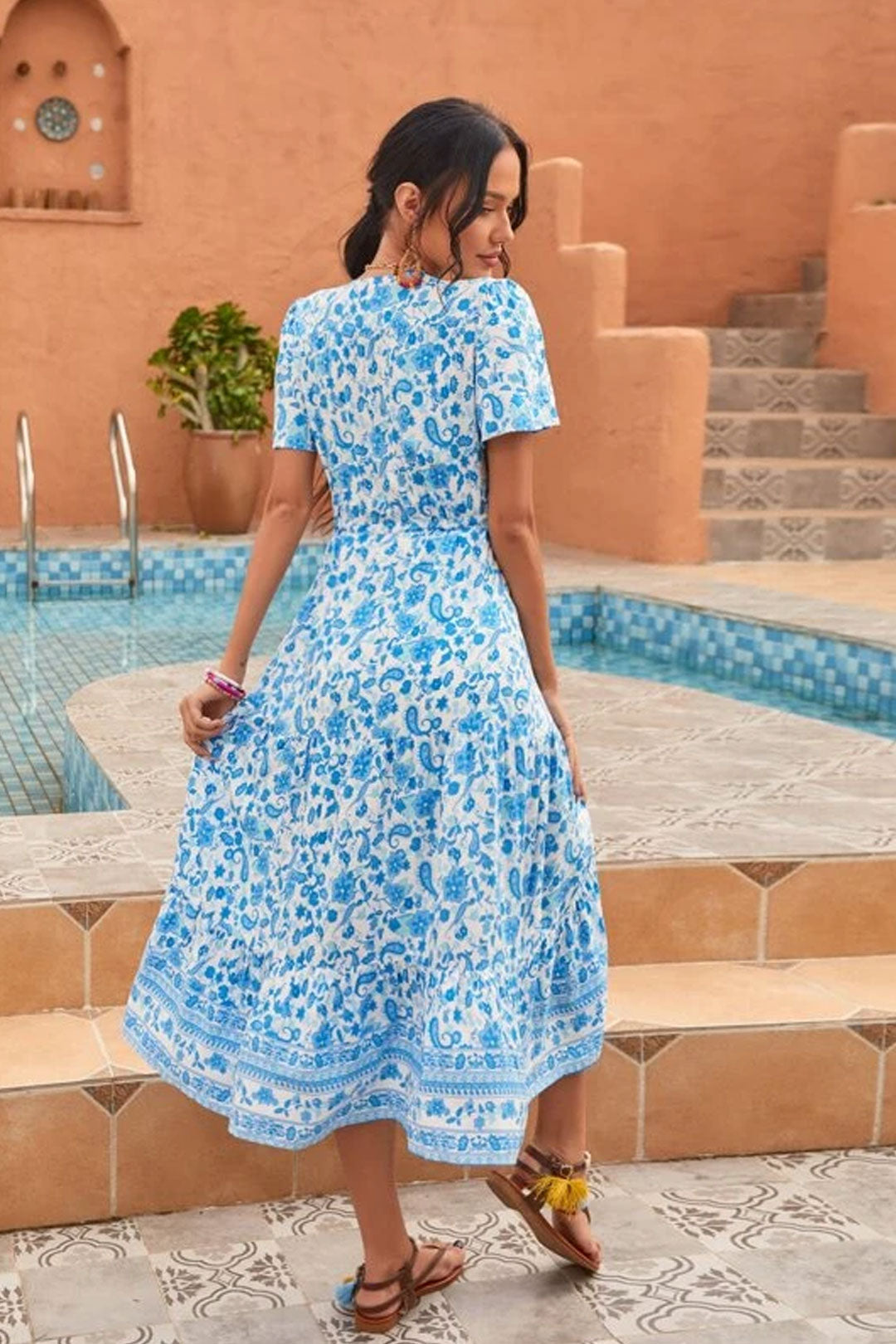 Boho Maxi Dress, Sundress, White Blue Celeste