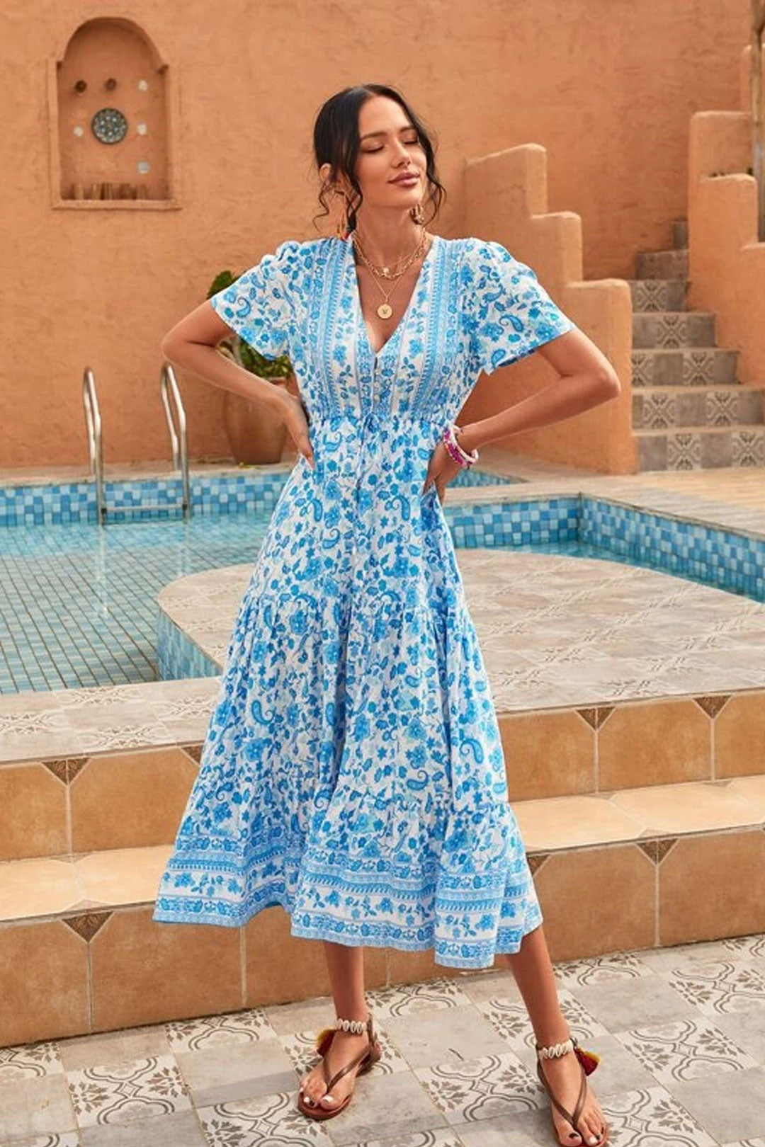 Boho Maxi Dress, Sundress, White Blue Celeste