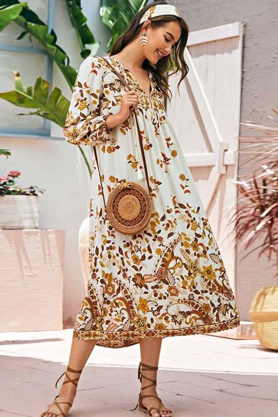 Gown Dress, Boho Maxi Dress, Loose Dress, Dusty Rosewood in Pink Orose and Gold
