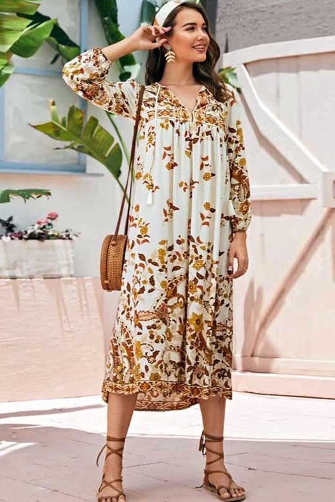 Gown Dress, Boho Maxi Dress, Loose Dress, Dusty Rosewood in Pink Orose and Gold
