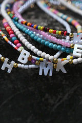 Boho Personalized Custom Necklace, Seed Bead Choker, Pearl Letter Name White