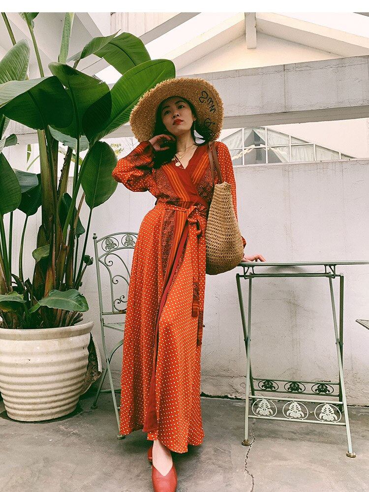 Vintage Dress, Boho Maxi Dress, Gown, India Dot in Brick, Brown and Gray
