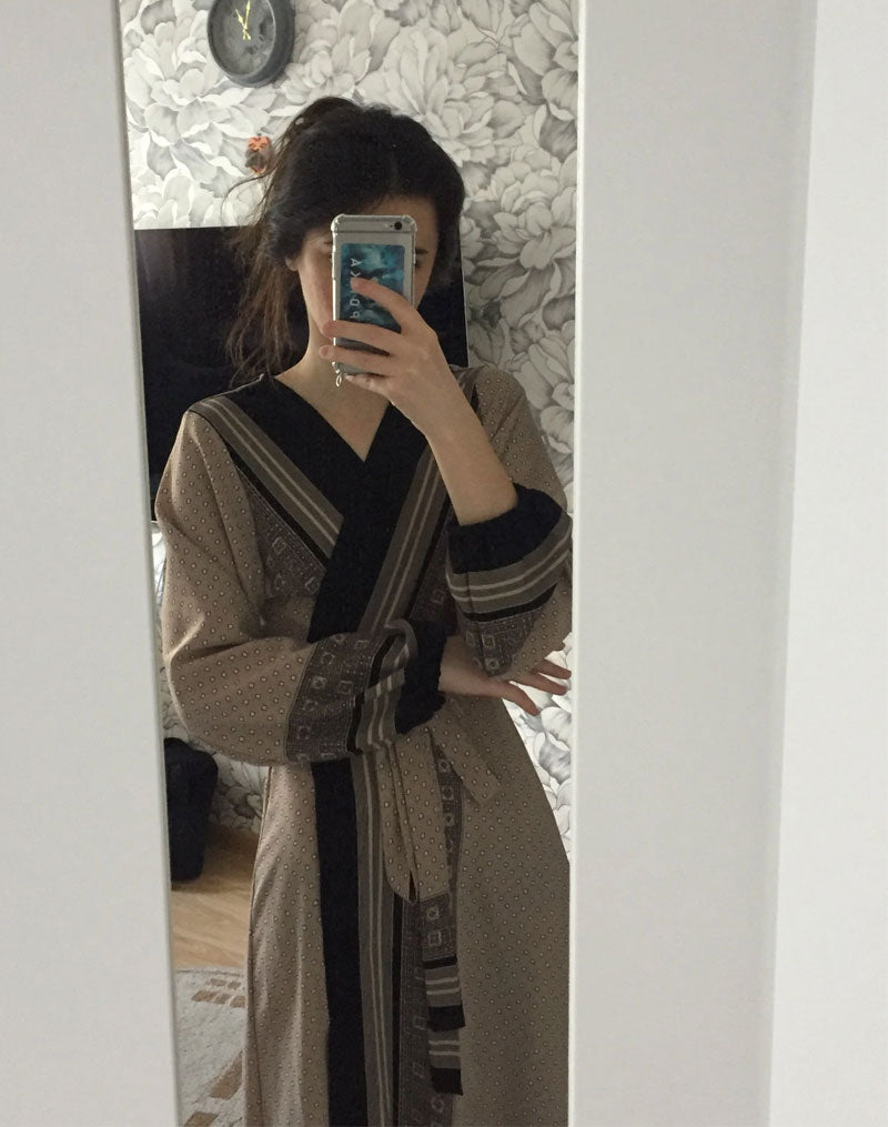 Vintage Dress, Boho Maxi Dress, Gown, India Dot in Brick, Brown and Gray
