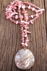 Boho Necklace, RH Pink Rose Crystal Shell