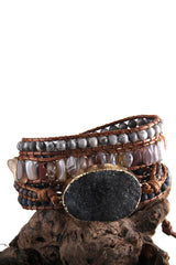 Boho Bracelet, RH 5 Layers Leather Wrap Bracelet, Natural Stones, Snow White and Black