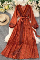 Vintage Dress, Boho Maxi Dress, Gown, India Dot in Brick, Brown and Gray