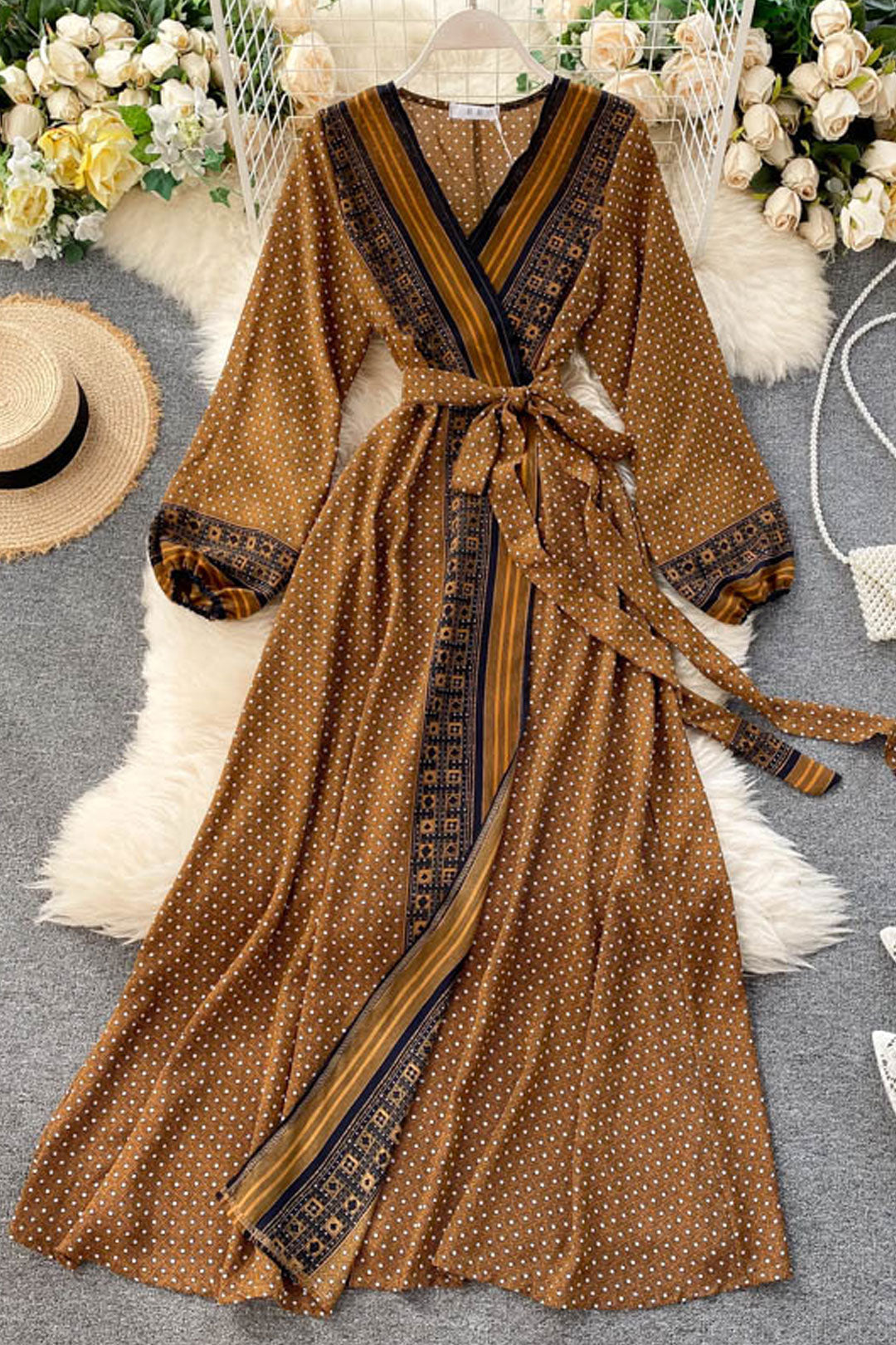 Vintage Dress, Boho Maxi Dress, Gown, India Dot in Brick, Brown and Gray