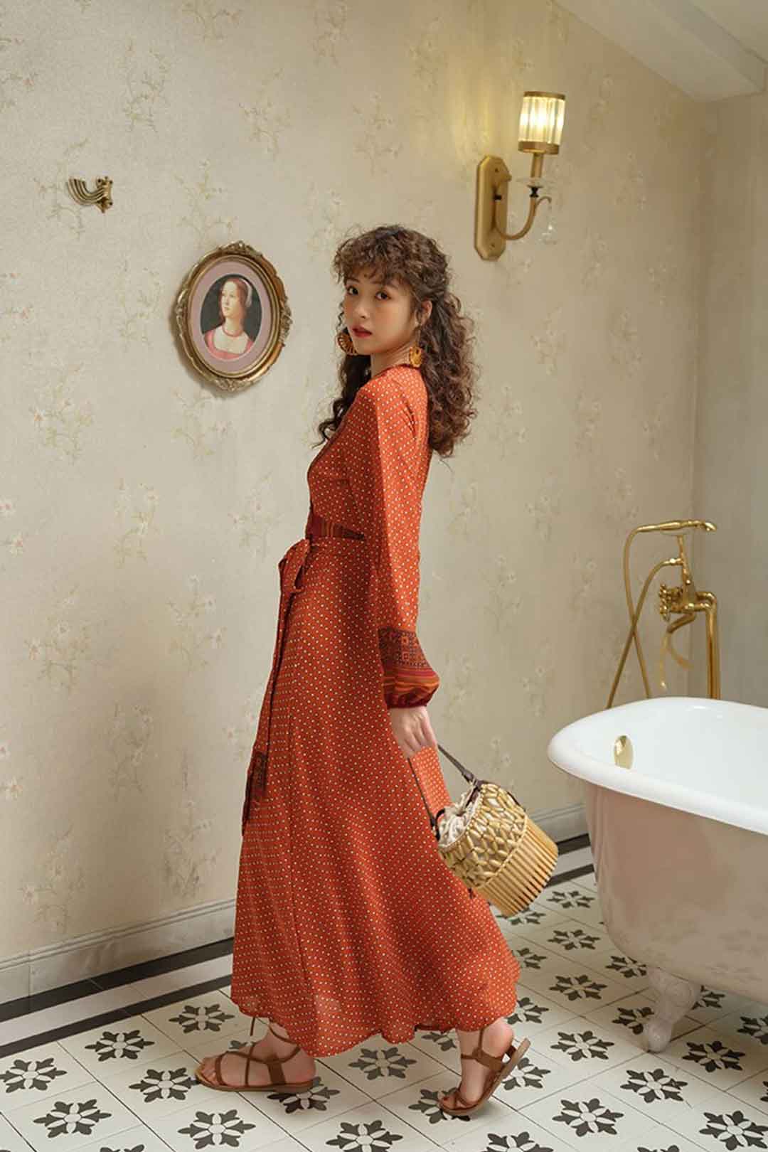 Vintage Dress, Boho Maxi Dress, Gown, India Dot in Brick, Brown and Gray
