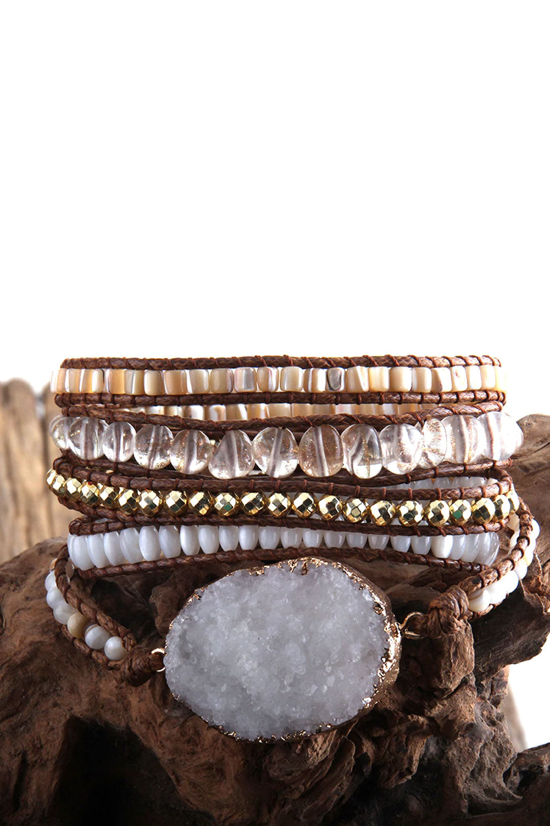 Boho Bracelet, RH 5 Layers Leather Wrap Bracelet, Natural Stones, Snow White and Black