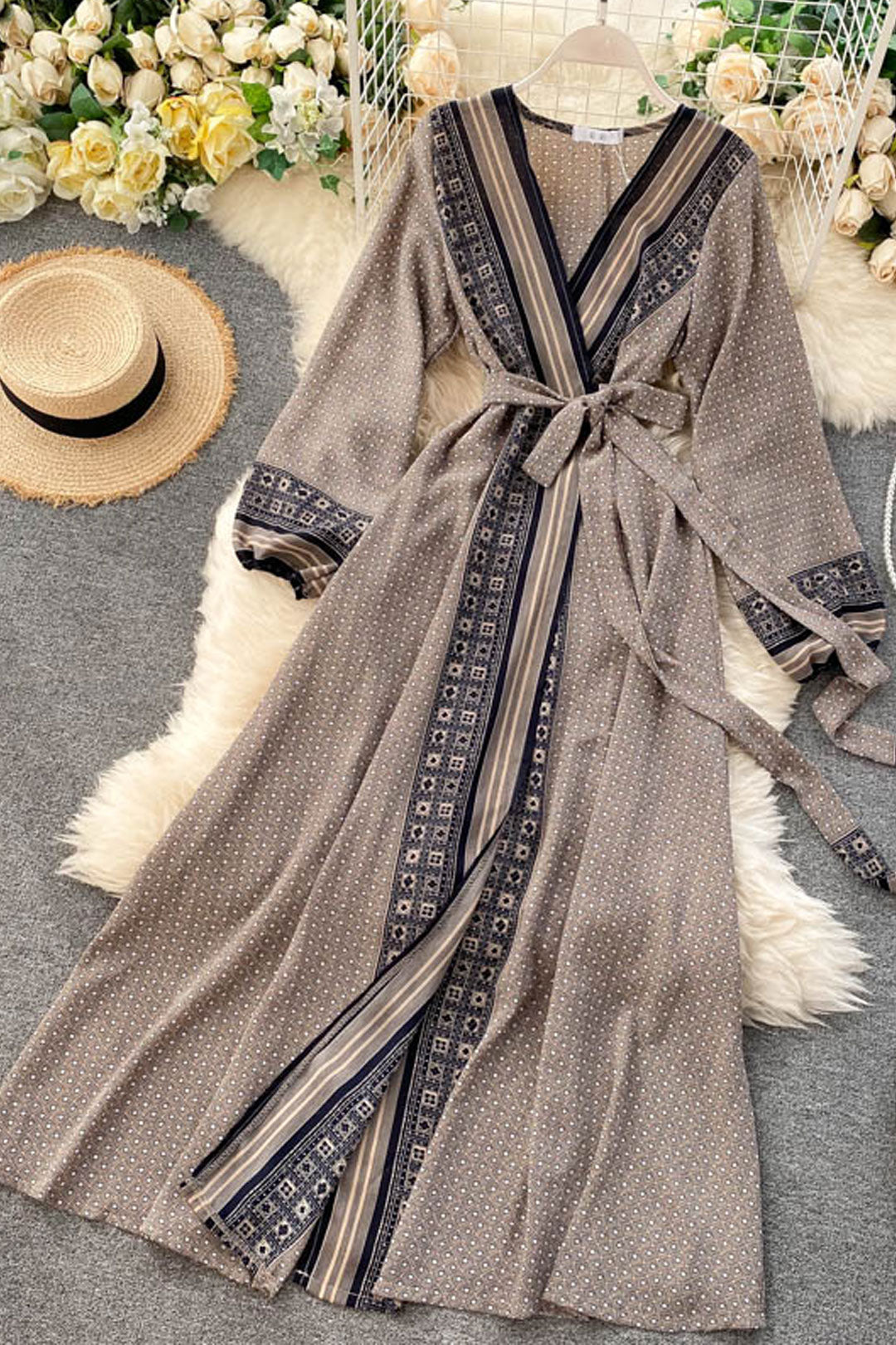 Vintage Dress, Boho Maxi Dress, Gown, India Dot in Brick, Brown and Gray