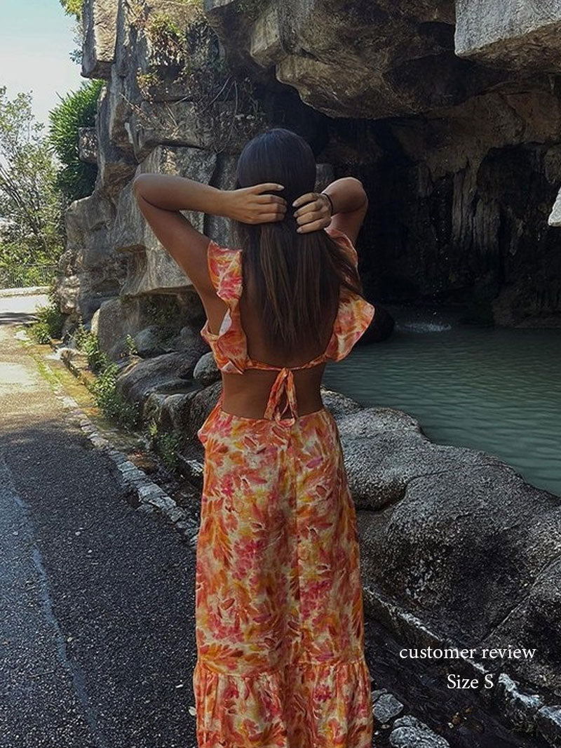 Boho Beach Dress - Ruffled Floral Dress for Your Summer Vacation Vibes - Tie Dye Orange Fall Leaf Delight