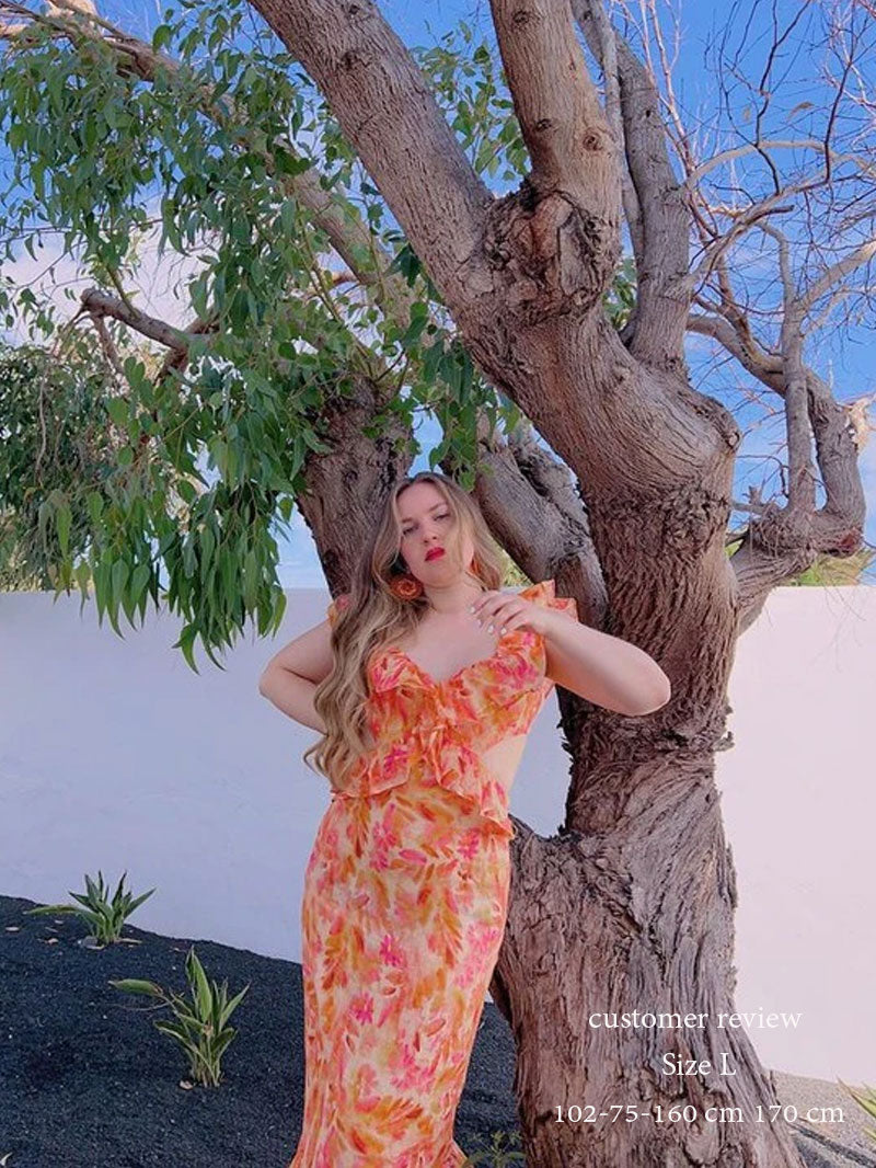 Boho Beach Dress - Ruffled Floral Dress for Your Summer Vacation Vibes - Tie Dye Orange Fall Leaf Delight