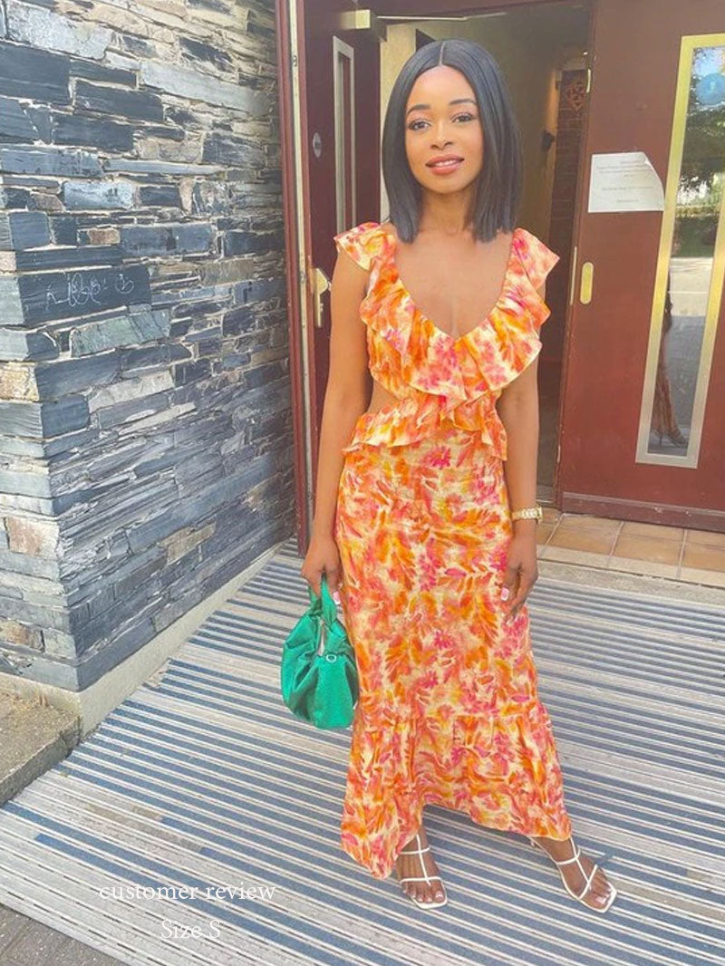 Boho Beach Dress - Ruffled Floral Dress for Your Summer Vacation Vibes - Tie Dye Orange Fall Leaf Delight