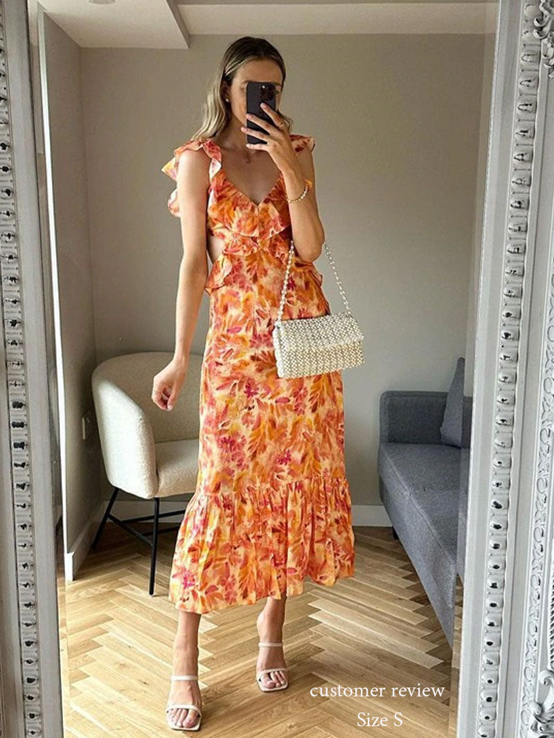 Boho Beach Dress - Ruffled Floral Dress for Your Summer Vacation Vibes - Tie Dye Orange Fall Leaf Delight
