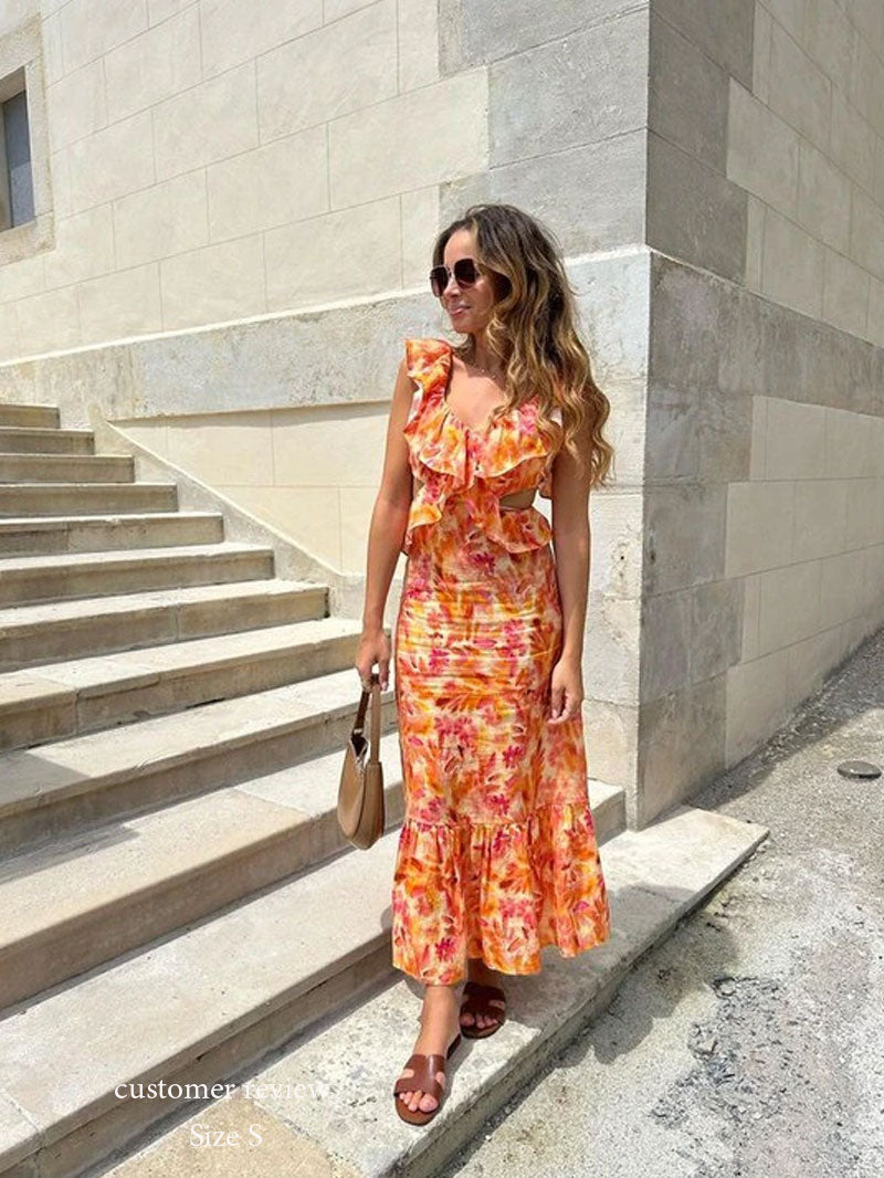 Boho Beach Dress - Ruffled Floral Dress for Your Summer Vacation Vibes - Tie Dye Orange Fall Leaf Delight