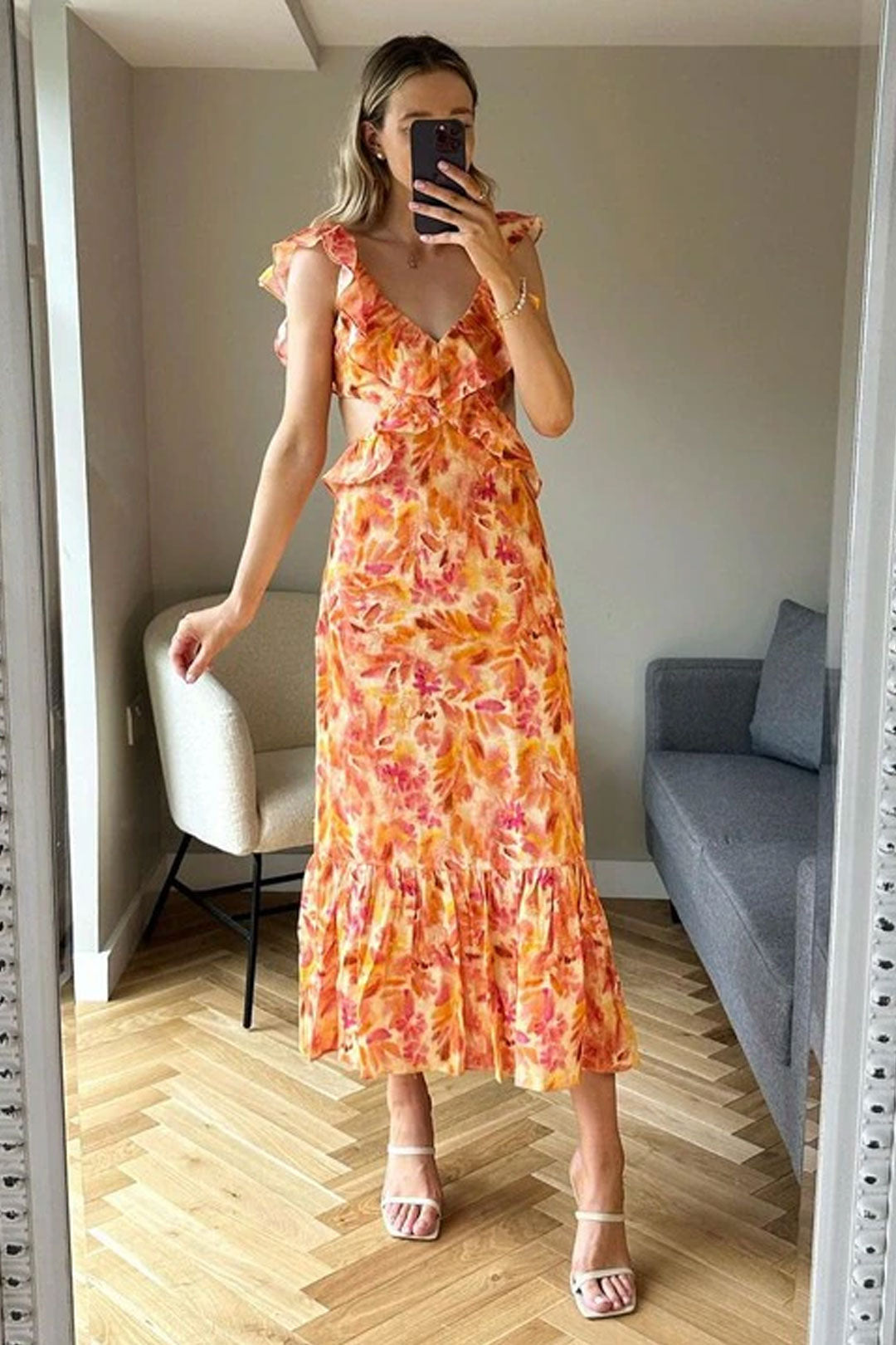 Boho Beach Dress - Ruffled Floral Dress for Your Summer Vacation Vibes - Tie Dye Orange Fall Leaf Delight