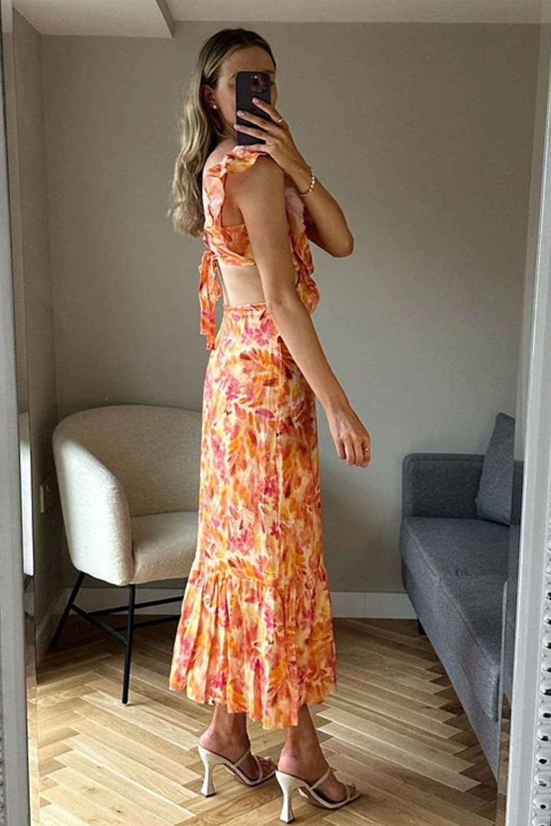 Boho Beach Dress - Ruffled Floral Dress for Your Summer Vacation Vibes - Tie Dye Orange Fall Leaf Delight