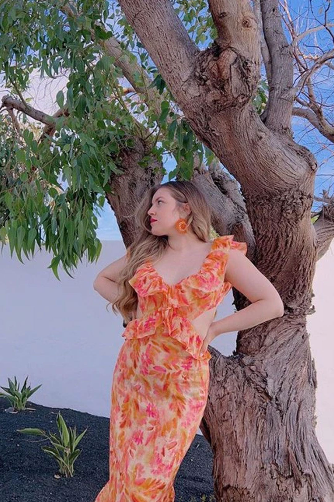 Boho Beach Dress - Ruffled Floral Dress for Your Summer Vacation Vibes - Tie Dye Orange Fall Leaf Delight