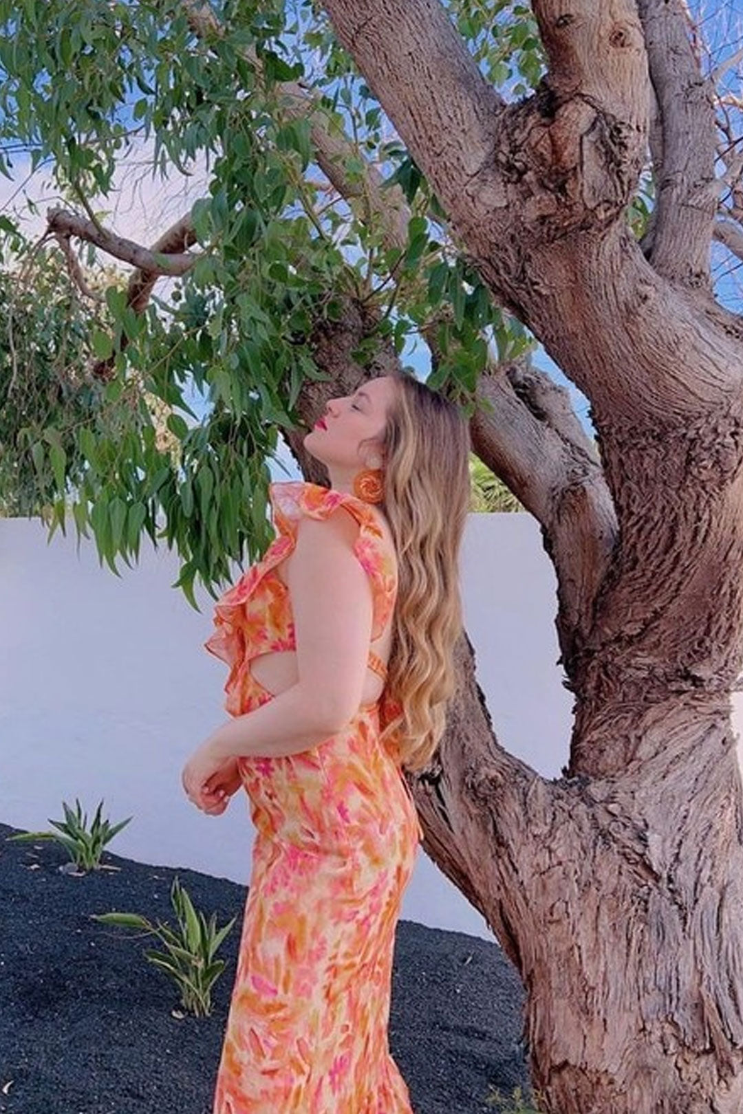 Boho Beach Dress - Ruffled Floral Dress for Your Summer Vacation Vibes - Tie Dye Orange Fall Leaf Delight