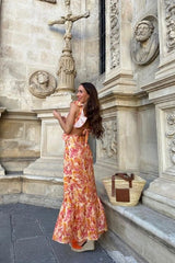 Boho Beach Dress - Ruffled Floral Dress for Your Summer Vacation Vibes - Tie Dye Orange Fall Leaf Delight